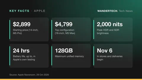 Key facts: Starting price (14-inch, M5 Pro), $2,899; Top configuration (16-inch, M5 Max), $4,799; Peak HDR and SDR brightness, 2,000 nits; Battery life, up to, in Apple's own testing, 24 hrs; Maximum unified memory, 128GB; In stores and deliveries begin, Nov 6.