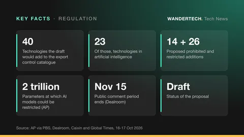 Key facts: Technologies the draft would add to the export control catalogue, 40; Of those, technologies in artificial intelligence, 23; Proposed prohibited and restricted additions, 14 + 26; Parameters at which AI models could be restricted (AP), 2 trillion; Public comment period ends (Dealroom), Nov 15; Status of the proposal, Draft.
