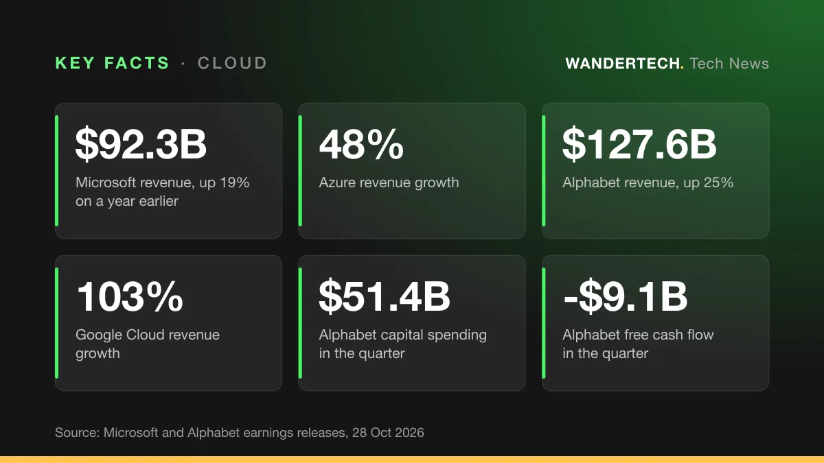 Key facts: Microsoft revenue, up 19% on a year earlier, $92.3B; Azure revenue growth, 48%; Alphabet revenue, up 25%, $127.6B; Google Cloud revenue growth, 103%; Alphabet capital spending in the quarter, $51.4B; Alphabet free cash flow in the quarter, -$9.1B.