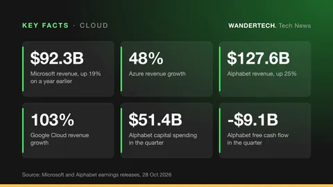 Key facts: Microsoft revenue, up 19% on a year earlier, $92.3B; Azure revenue growth, 48%; Alphabet revenue, up 25%, $127.6B; Google Cloud revenue growth, 103%; Alphabet capital spending in the quarter, $51.4B; Alphabet free cash flow in the quarter, -$9.1B.