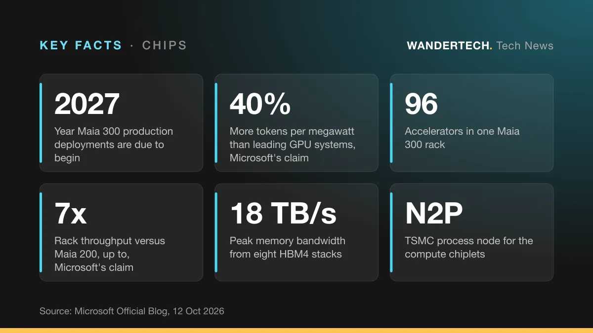 Key facts: Year Maia 300 production deployments are due to begin, 2027; More tokens per megawatt than leading GPU systems, Microsoft's claim, 40%; Accelerators in one Maia 300 rack, 96; Rack throughput versus Maia 200, up to, Microsoft's claim, 7x; Peak memory bandwidth from eight HBM4 stacks, 18 TB/s; TSMC process node for the compute chiplets, N2P.
