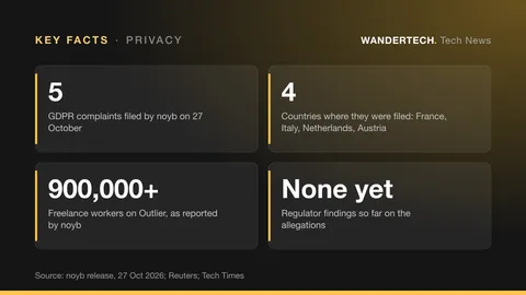 Key facts: GDPR complaints filed by noyb on 27 October, 5; Countries where they were filed: France, Italy, Netherlands, Austria, 4; Freelance workers on Outlier, as reported by noyb, 900,000+; Regulator findings so far on the allegations, None yet.