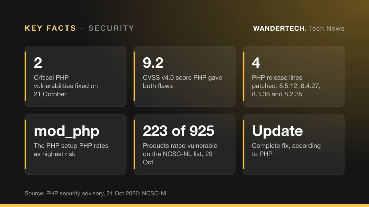 Key facts: Critical PHP vulnerabilities fixed on 21 October, 2; CVSS v4.0 score PHP gave both flaws, 9.2; PHP release lines patched: 8.5.12, 8.4.27, 8.3.36 and 8.2.35, 4; The PHP setup PHP rates as highest risk, mod_php; Products rated vulnerable on the NCSC-NL list, 29 Oct, 223 of 925; Complete fix, according to PHP, Update.