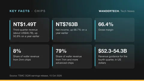 Key facts: Third-quarter revenue (about US$46.7B), up 50.9% on a year earlier, NT$1.49T; Net income, up 68.7% on a year earlier, NT$763B; Gross margin, 66.4%; Share of wafer revenue from 2nm chips, 8%; Share of wafer revenue from 7nm and more advanced chips, 79%; Revenue guidance for the fourth quarter, in US dollars, $52.3-54.3B.