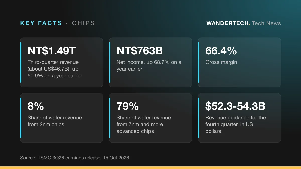 Key facts: Third-quarter revenue (about US$46.7B), up 50.9% on a year earlier, NT$1.49T; Net income, up 68.7% on a year earlier, NT$763B; Gross margin, 66.4%; Share of wafer revenue from 2nm chips, 8%; Share of wafer revenue from 7nm and more advanced chips, 79%; Revenue guidance for the fourth quarter, in US dollars, $52.3-54.3B.